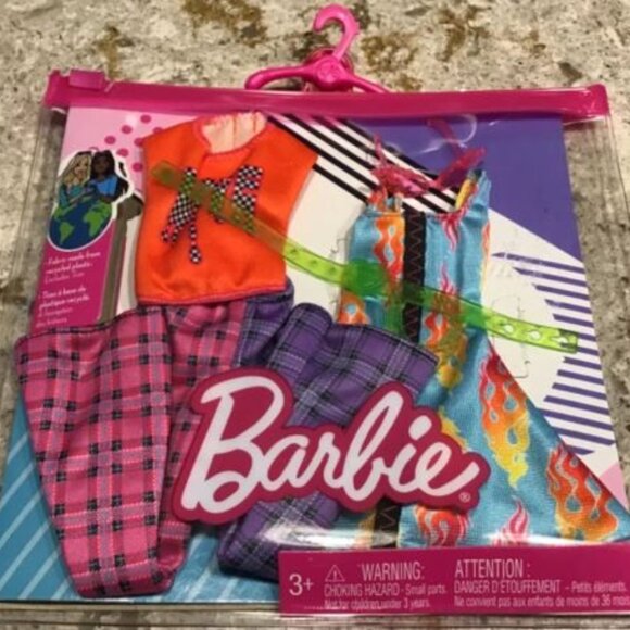 NEW!! BARBIE DOLL FASHIONS 2 OUTFIT PACK FLAME PRINT DRESS, CHECK FLAIRED PANTS - Picture 2 of 3